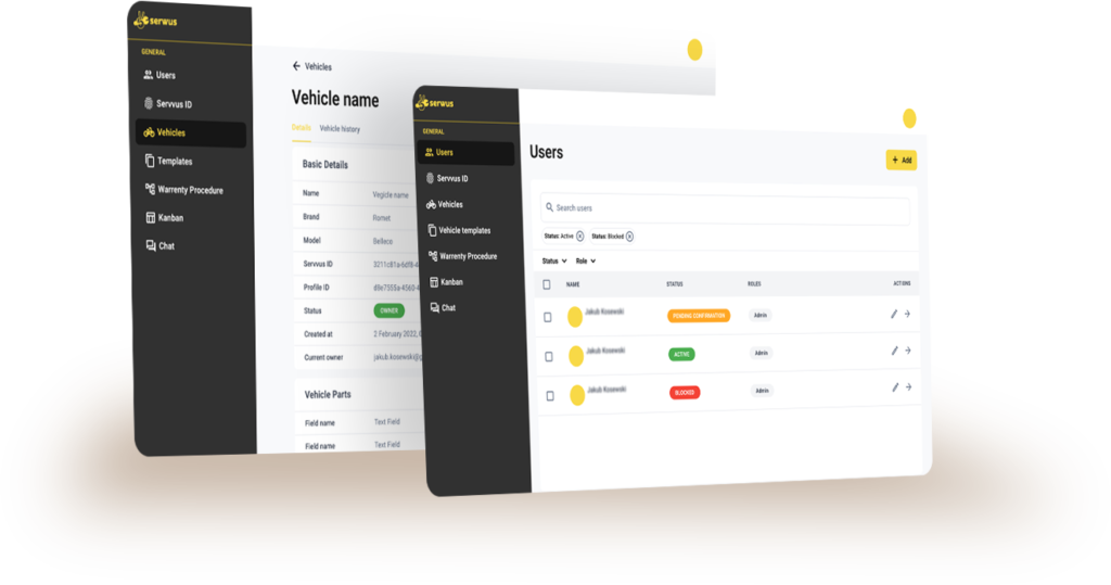 A digital interface displays two overlapping screens. The front screen titled "Users" shows a user management system with options to edit, delete, and add users. The background screen labeled "Vehicle name" shows a vehicle details form with fields for basic data and vehicle parts.